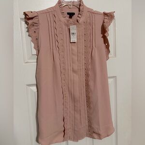 Ann Taylor Pink Ruffle Lace-Trim Sleeveless Blouse, SZ M, NWT